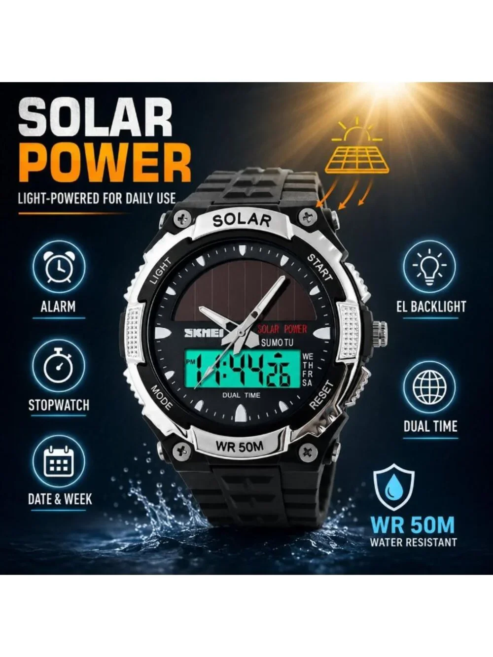 Men's Solar Powered Military Digital Watch - Waterproof, LED, 2 Time Zones